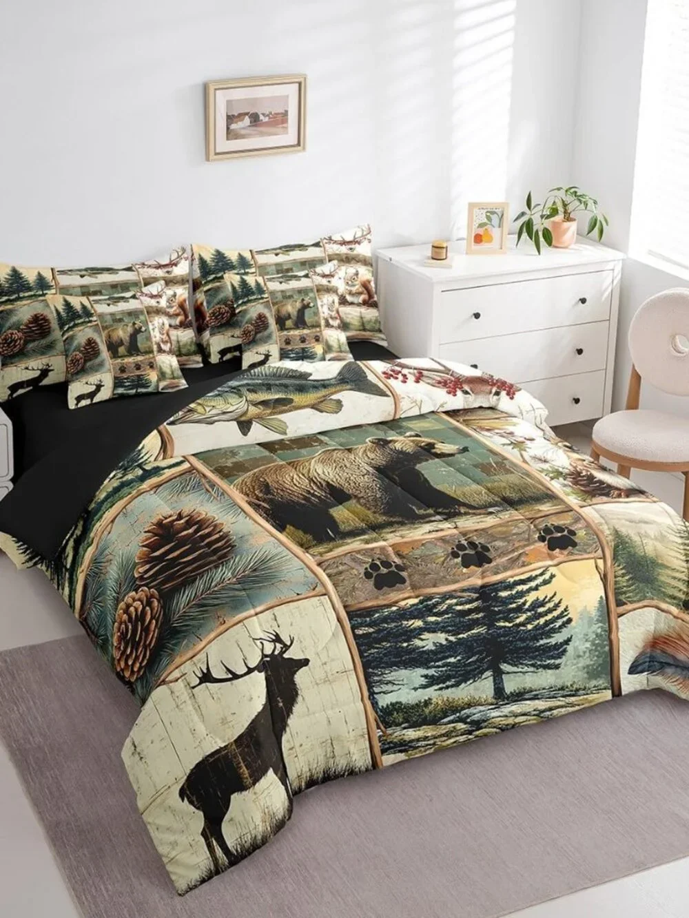 Rustic Cabin Bear Comforter Set with Sheets Queen Size Kids Wild Animal Hunting